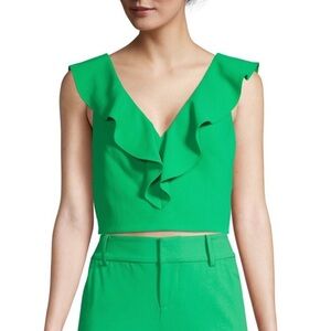 Alice + Olivia Pria Green Cropped V-Neck Ruffle Top | Size 2